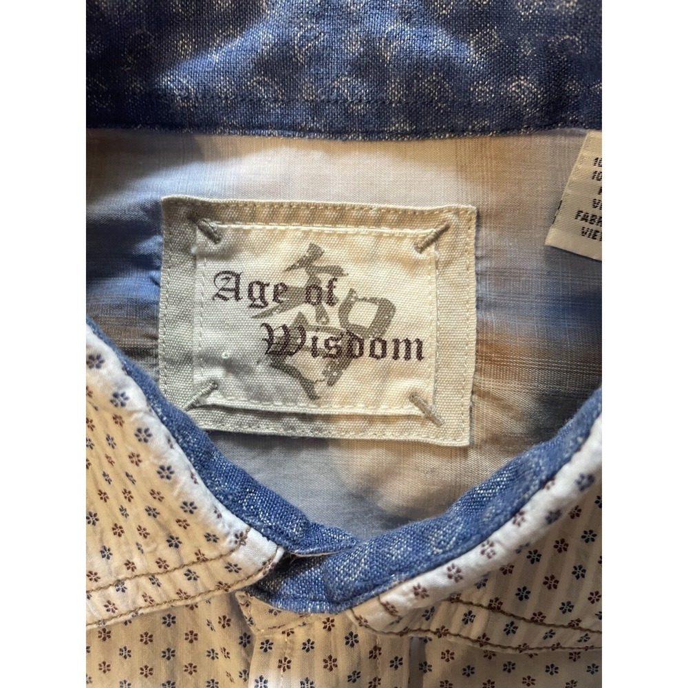 Age of Wisdom Western Pearl Snap Shirt Men Medium White Blue Floral Indie Cowboy - Picture 6 of 8